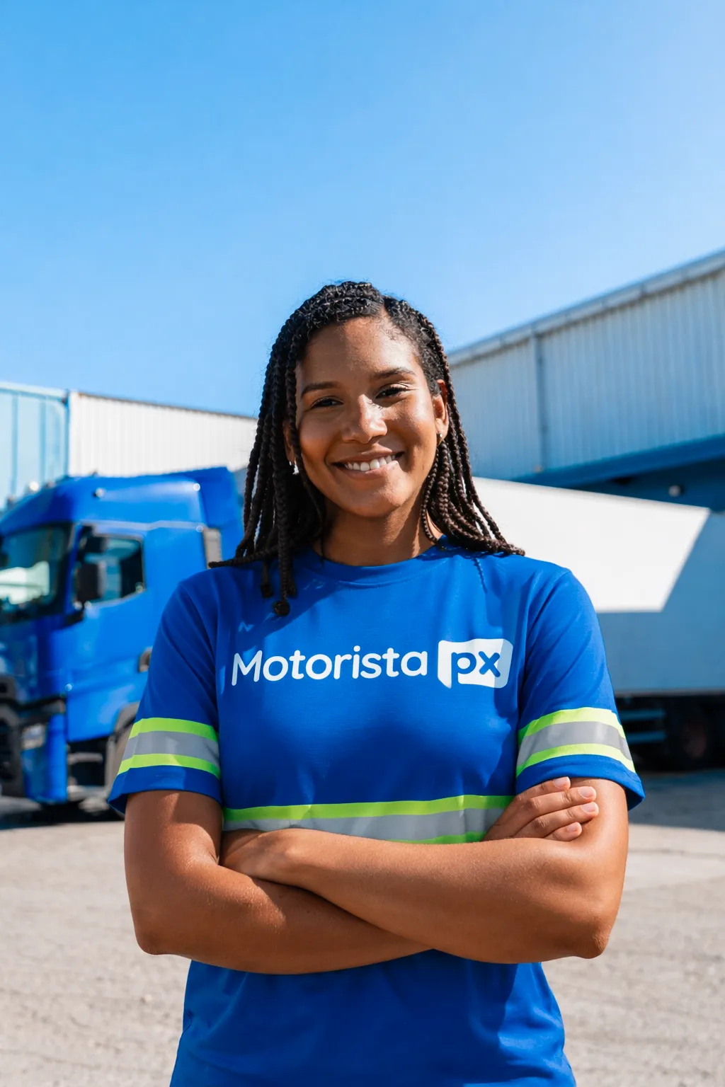 Motorista PX mulher ao lado de caminhão