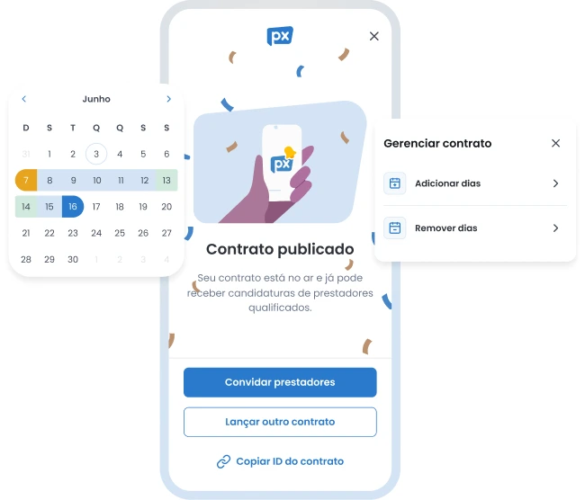 App Contrate PX com a tela de contrato publicado e as opções para gerenciar o contrato
