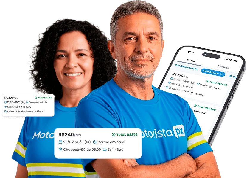 Motoristas parceiros da PX ao lado do app com oportunidades de frete