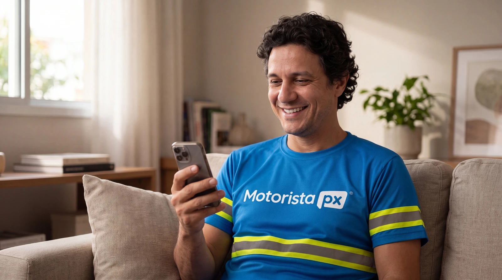 Motorista com a camiseta da Motorista PX sorrindo para o celular