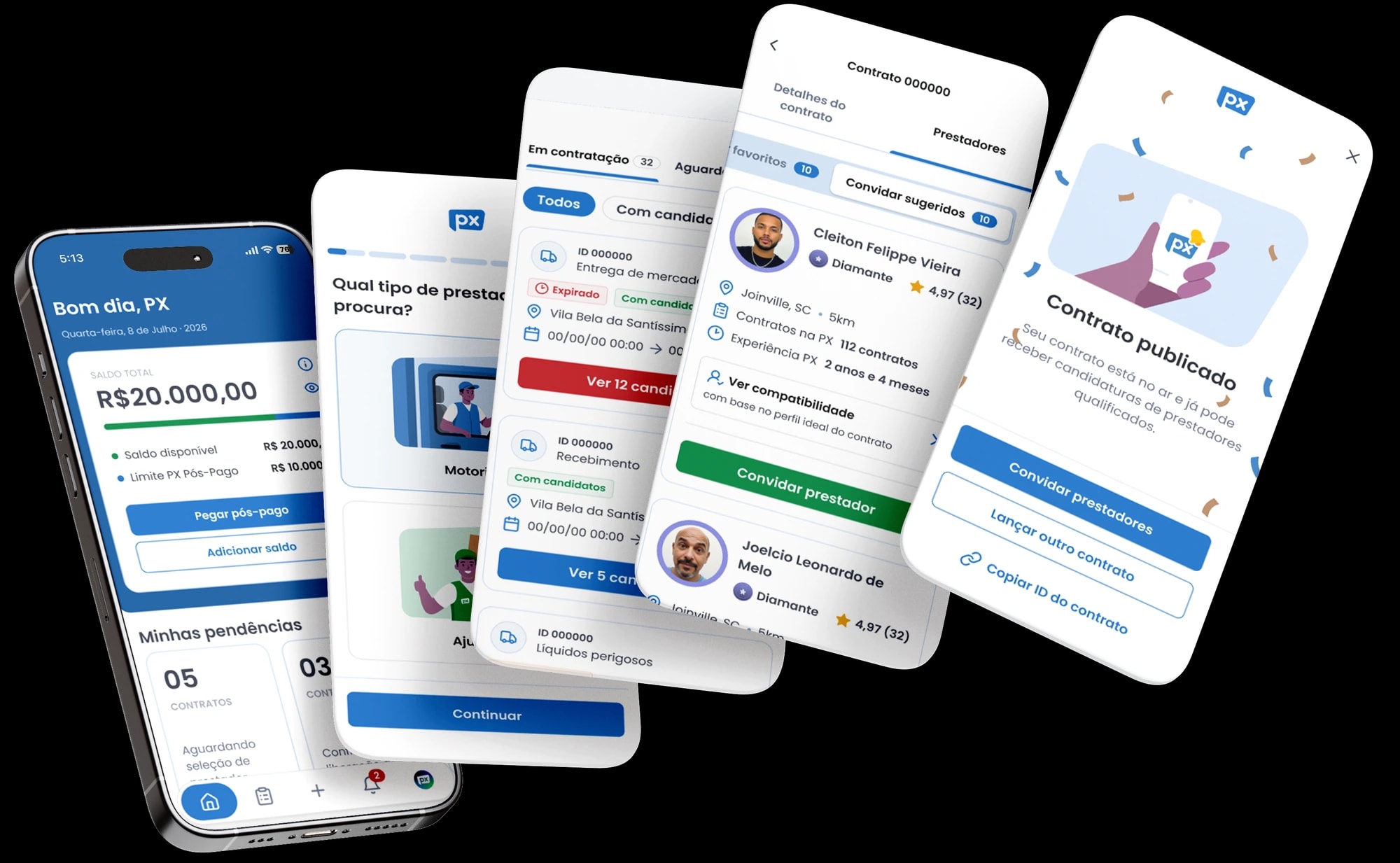 Telas do app Contrate PX: saldo, tipos de prestador e contratos em andamento