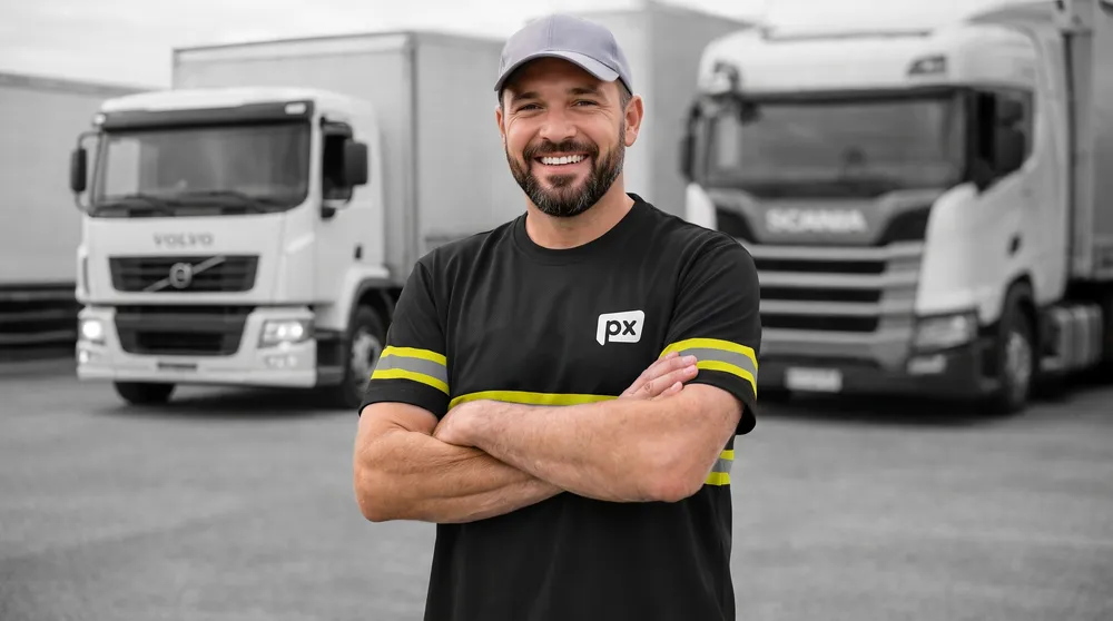 Motorista PX diante de caminhões da frota parceira