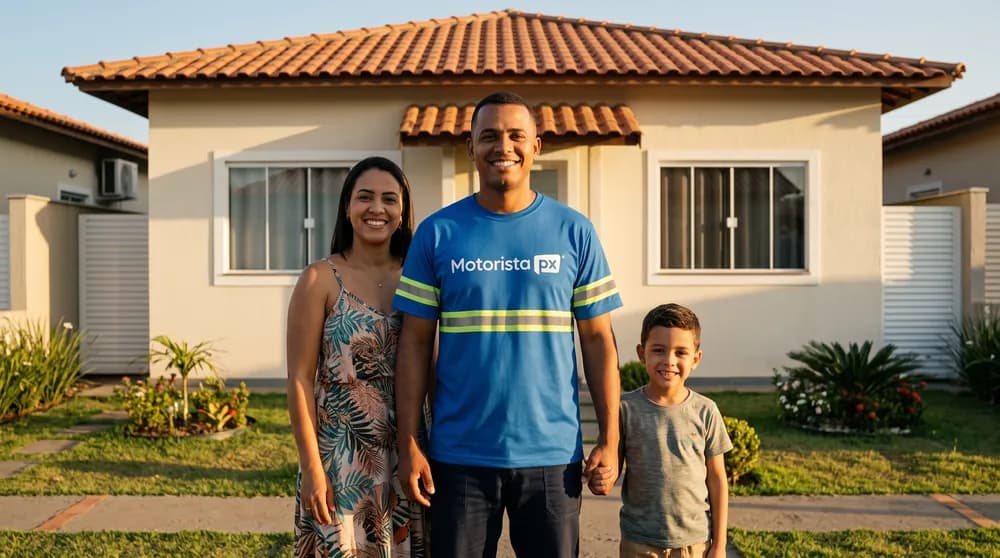 Motorista PX com a família em frente de casa