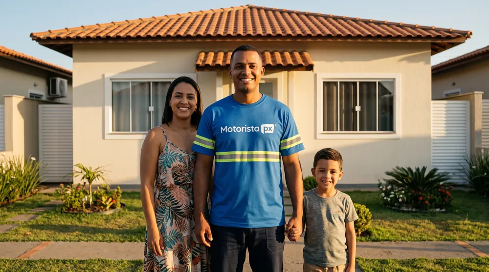 Motorista PX com a família em frente de casa