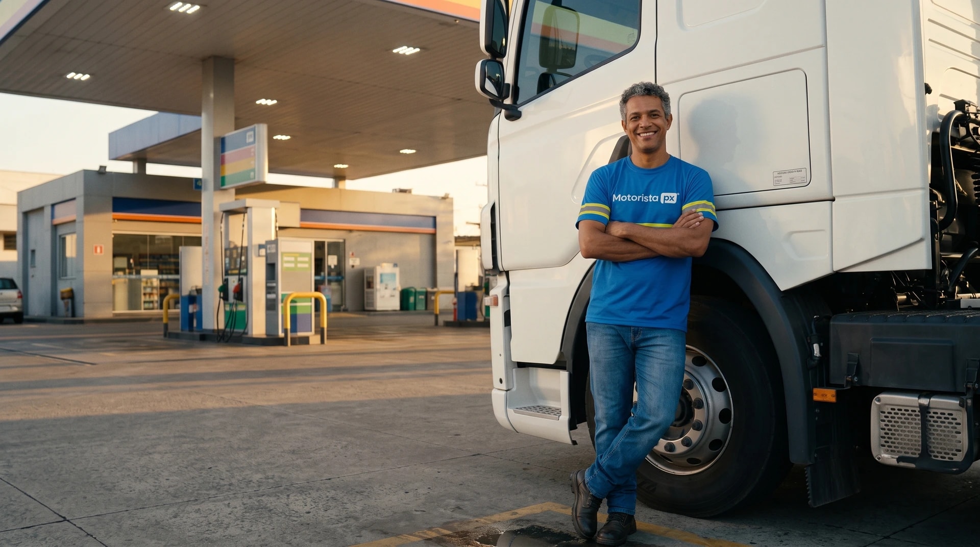 Motorista parceiro da PX ao lado do caminhão