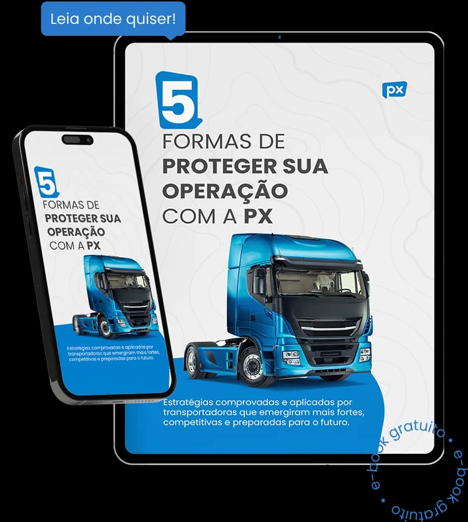 Capa do e-book “5 formas de proteger sua operação com a PX” num tablet e num celular