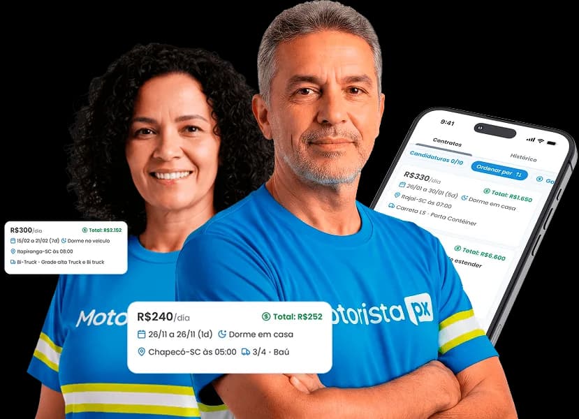 Motoristas parceiros da PX ao lado do app com oportunidades de frete