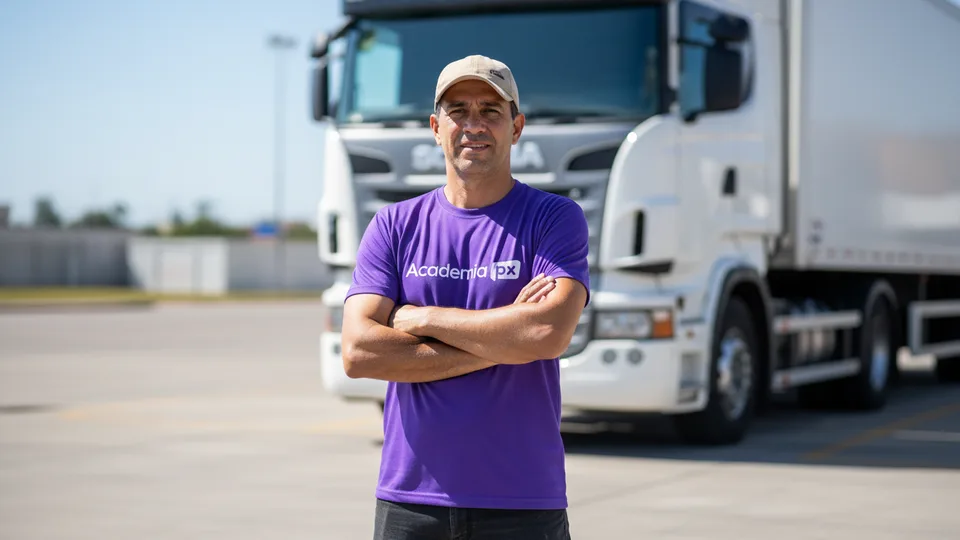 Motorista com uniforme da Academia PX ao lado de um caminhão