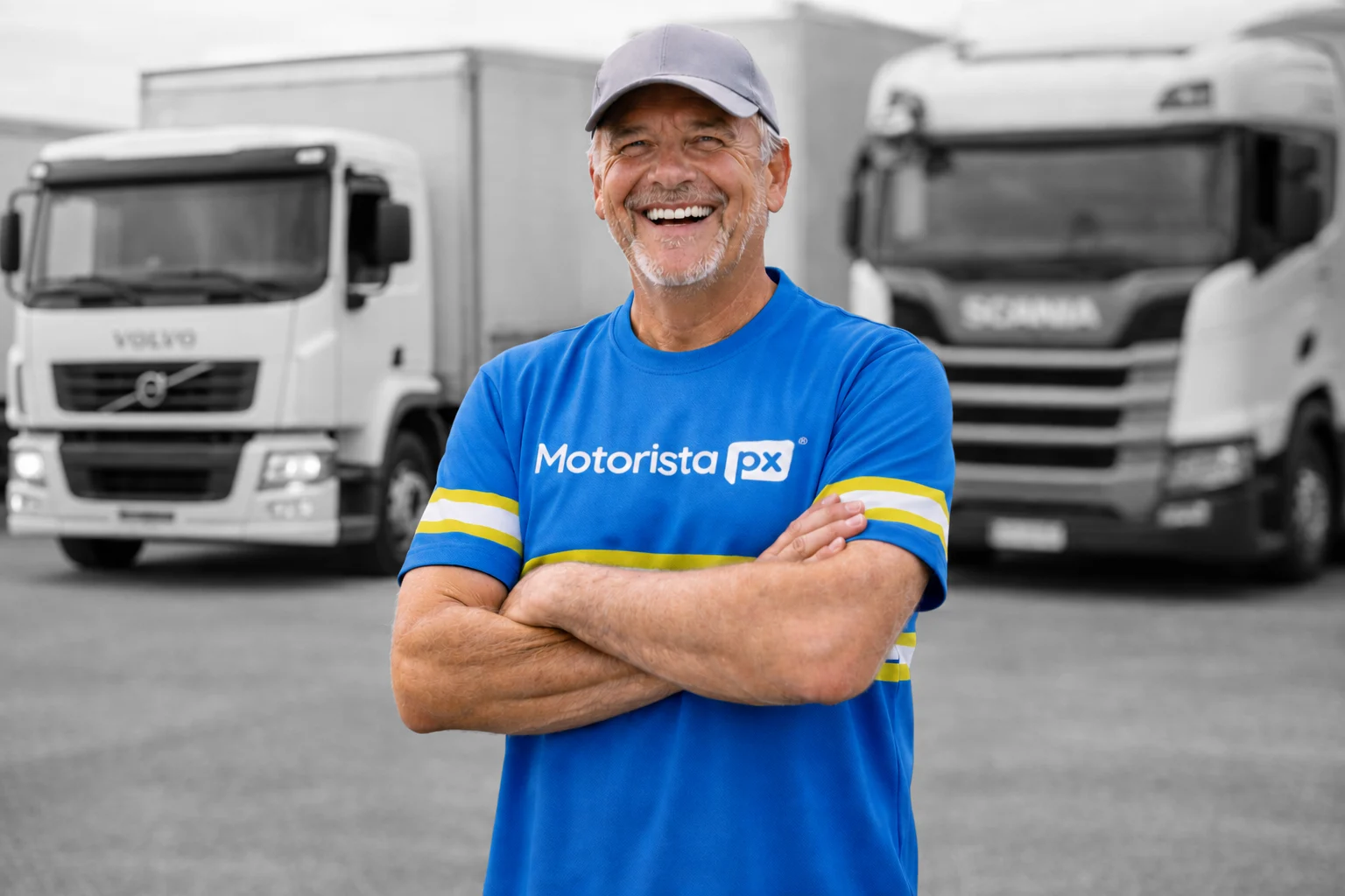 Motorista PX em frente a caminhões de empresas parceiras